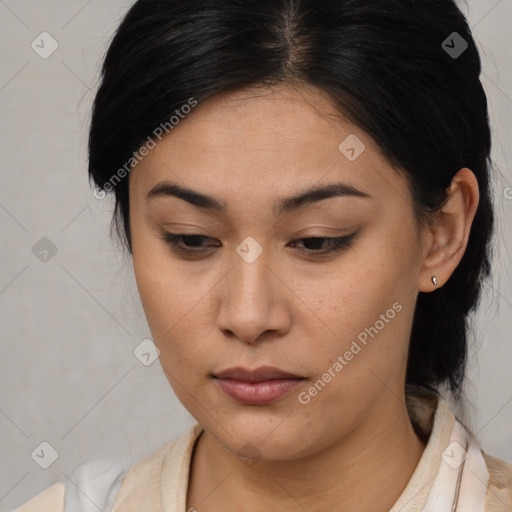 Neutral asian young-adult female with medium  brown hair and brown eyes