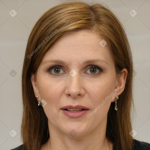 Joyful white adult female with medium  brown hair and brown eyes