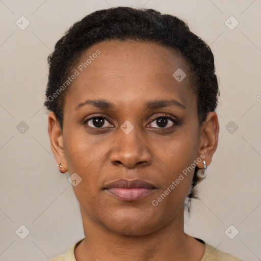 Neutral black young-adult female with short  brown hair and brown eyes