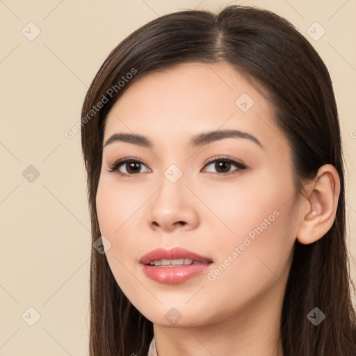 Neutral white young-adult female with long  brown hair and brown eyes