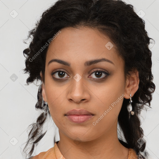 Joyful latino young-adult female with long  brown hair and brown eyes