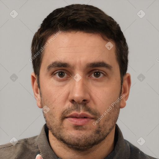 Neutral white adult male with short  brown hair and brown eyes