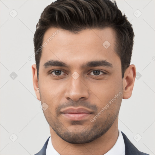 Neutral white young-adult male with short  brown hair and brown eyes