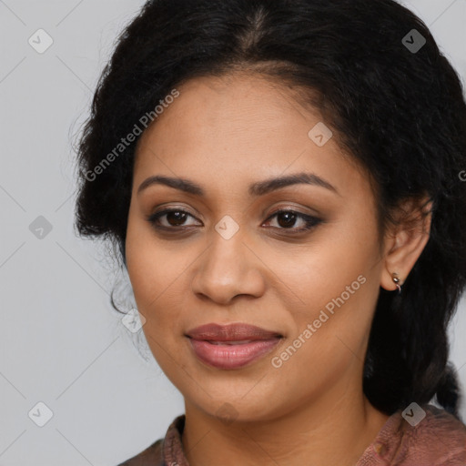 Joyful latino young-adult female with long  brown hair and brown eyes