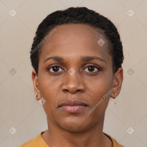 Neutral black young-adult female with short  black hair and brown eyes