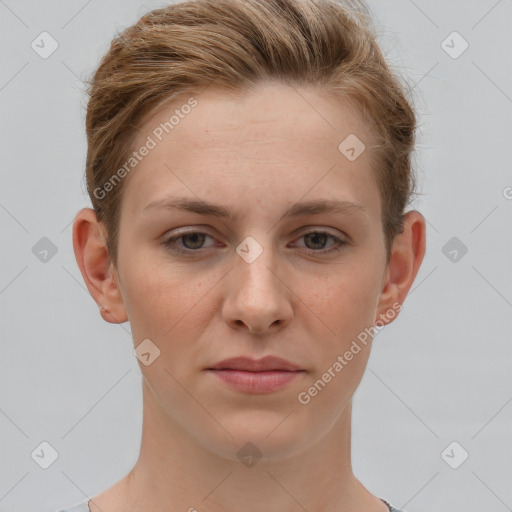 Joyful white young-adult female with short  brown hair and grey eyes