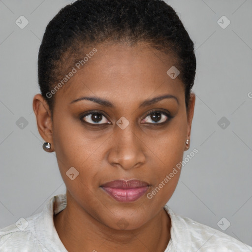 Joyful black young-adult female with short  brown hair and brown eyes