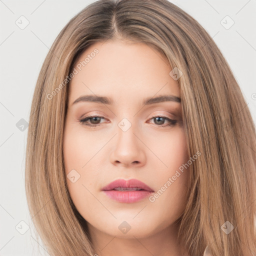 Neutral white young-adult female with long  brown hair and brown eyes