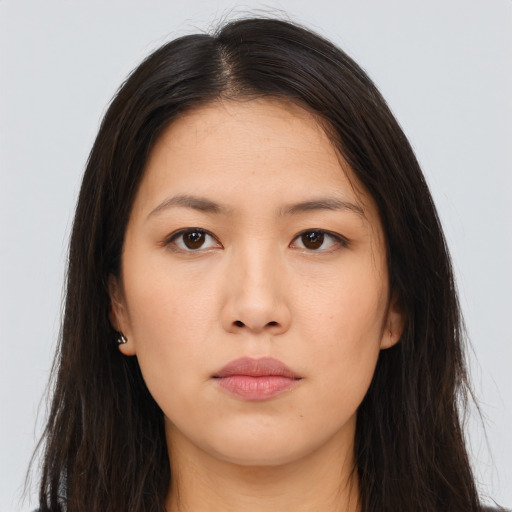 Neutral asian young-adult female with long  brown hair and brown eyes