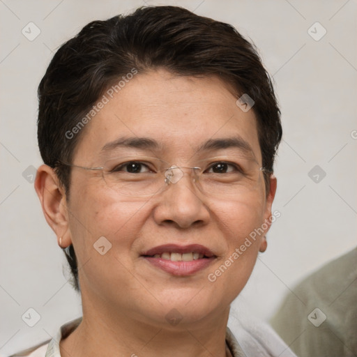 Joyful white adult female with short  brown hair and brown eyes