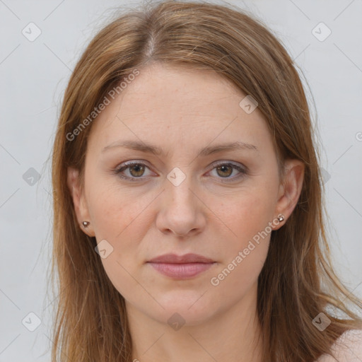 Joyful white young-adult female with long  brown hair and brown eyes