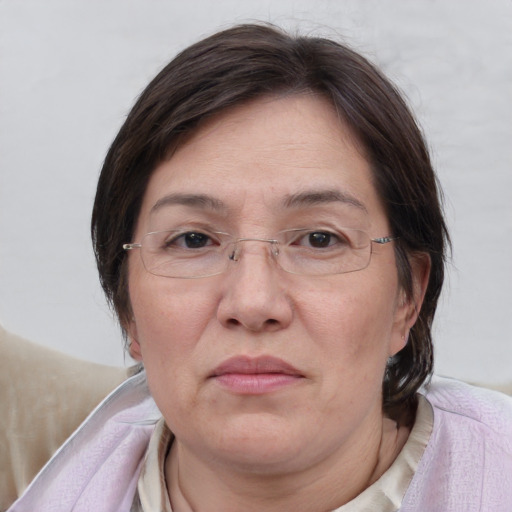 Joyful white adult female with medium  brown hair and blue eyes