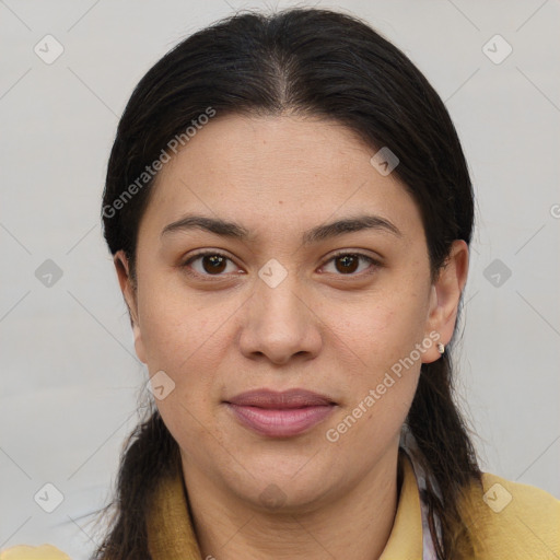 Joyful white young-adult female with long  brown hair and brown eyes