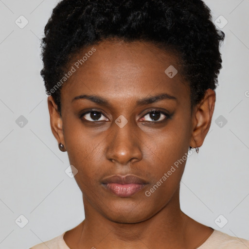 Neutral black young-adult female with short  black hair and brown eyes