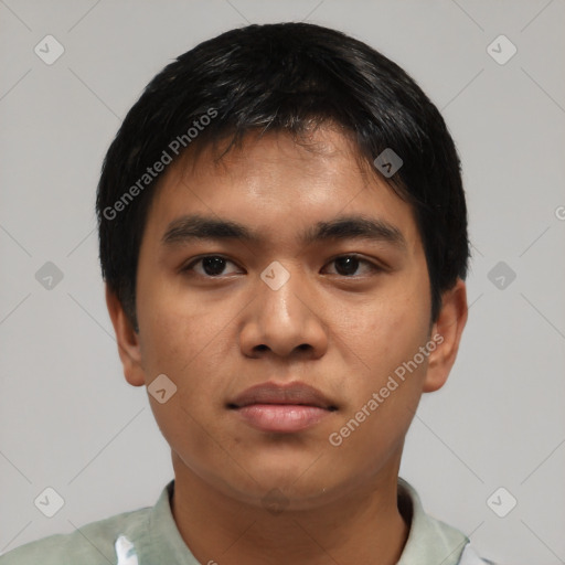 Neutral asian young-adult male with short  black hair and brown eyes