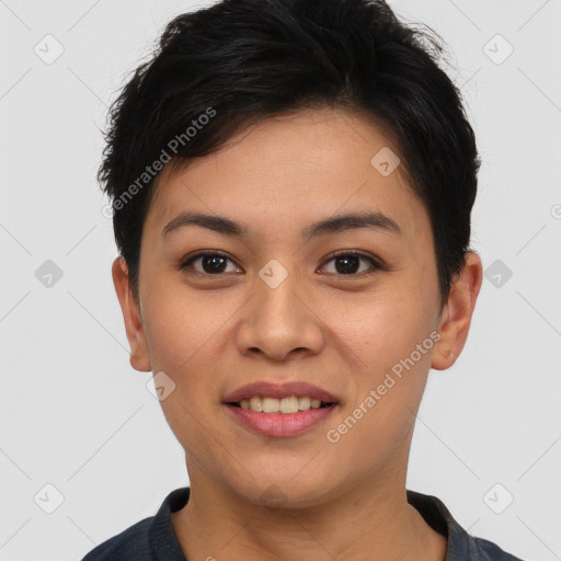 Joyful asian young-adult female with short  brown hair and brown eyes