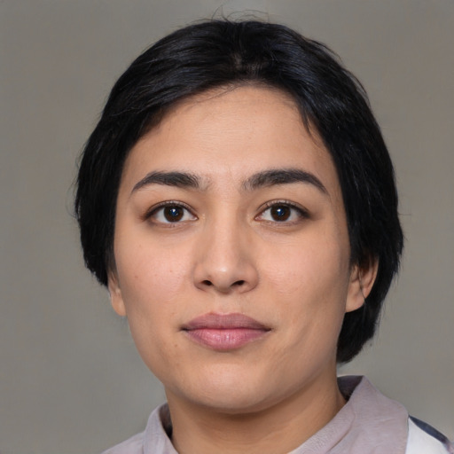 Neutral latino young-adult female with medium  black hair and brown eyes