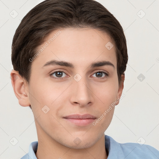 Neutral white young-adult male with short  brown hair and brown eyes