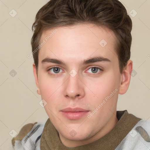 Neutral white young-adult male with short  brown hair and grey eyes