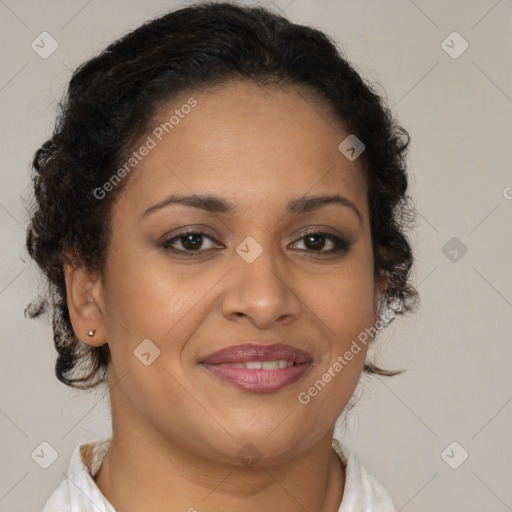 Joyful latino young-adult female with short  brown hair and brown eyes