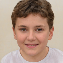 Joyful white child female with short  brown hair and brown eyes