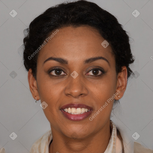 Joyful black young-adult female with medium  brown hair and brown eyes