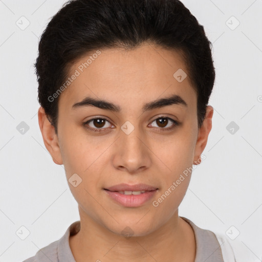 Joyful white young-adult female with short  brown hair and brown eyes