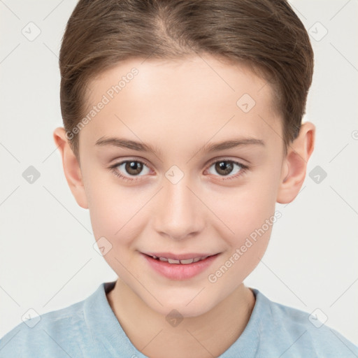 Joyful white child female with short  brown hair and brown eyes