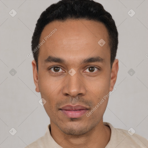 Neutral latino young-adult male with short  black hair and brown eyes