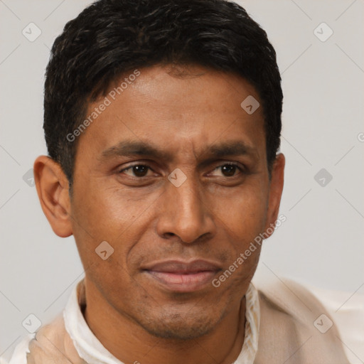 Neutral latino adult male with short  brown hair and brown eyes