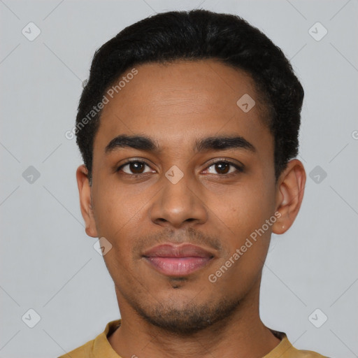 Neutral latino young-adult male with short  black hair and brown eyes