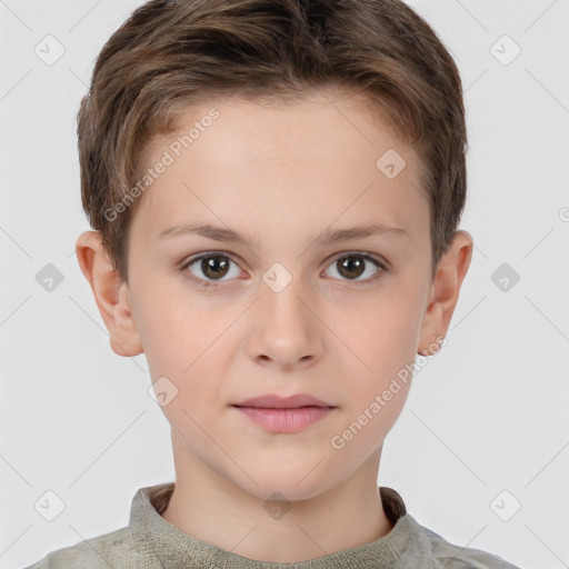 Joyful white child female with short  brown hair and brown eyes