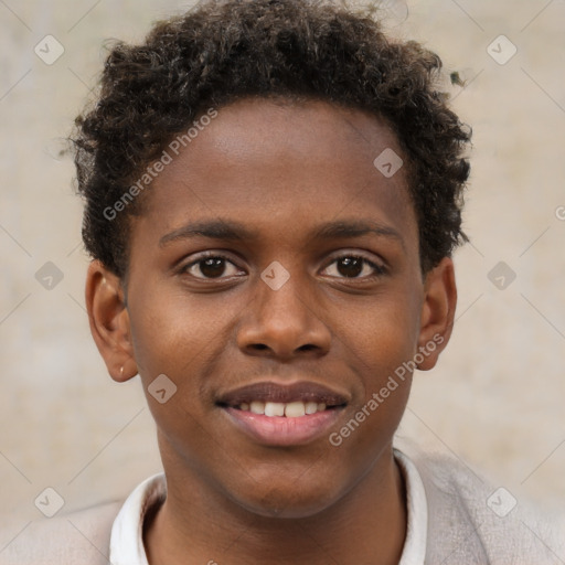 Joyful black young-adult male with short  brown hair and brown eyes