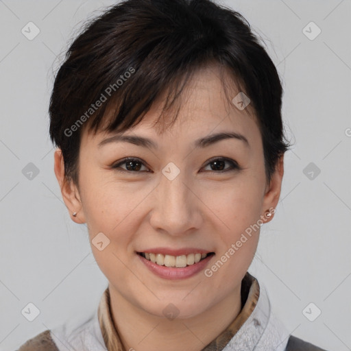 Joyful asian young-adult female with short  brown hair and brown eyes