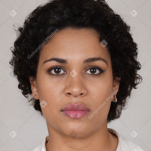 Neutral latino young-adult female with short  brown hair and brown eyes