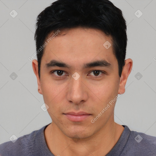 Neutral asian young-adult male with short  black hair and brown eyes