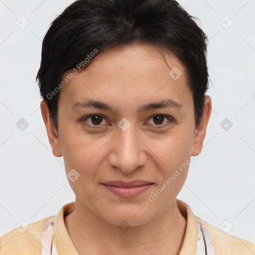 Joyful white young-adult female with short  brown hair and brown eyes