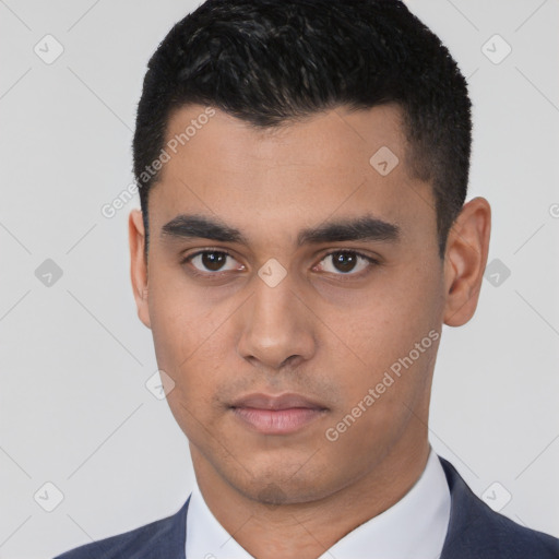 Neutral latino young-adult male with short  black hair and brown eyes