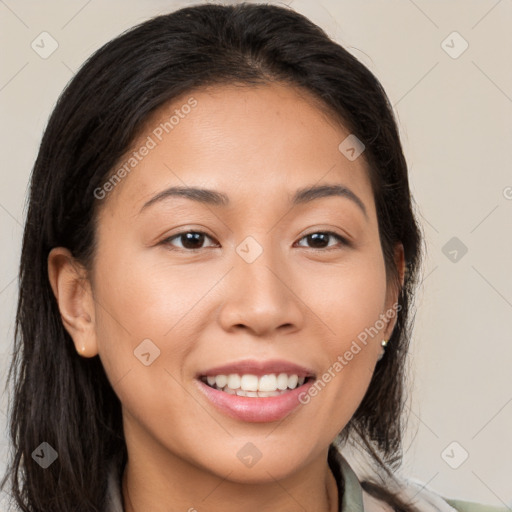 Joyful white young-adult female with medium  brown hair and brown eyes