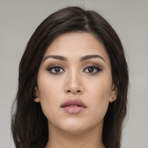Neutral asian young-adult female with long  brown hair and brown eyes