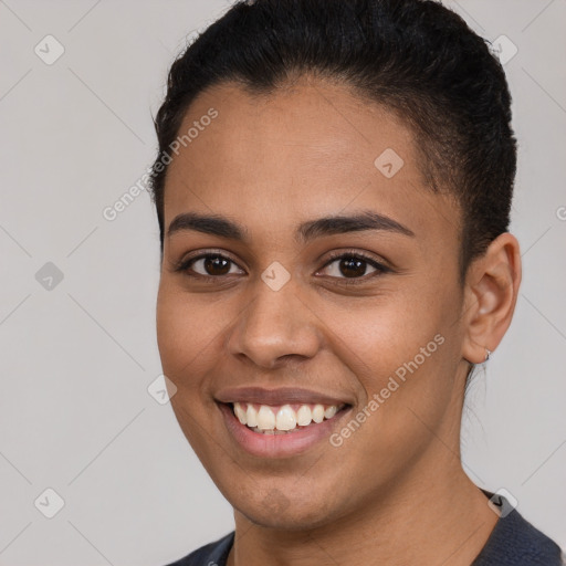 Joyful white young-adult female with short  brown hair and brown eyes