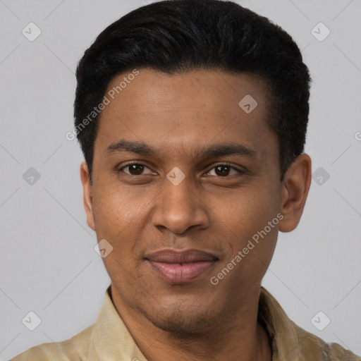 Joyful black young-adult male with short  black hair and brown eyes