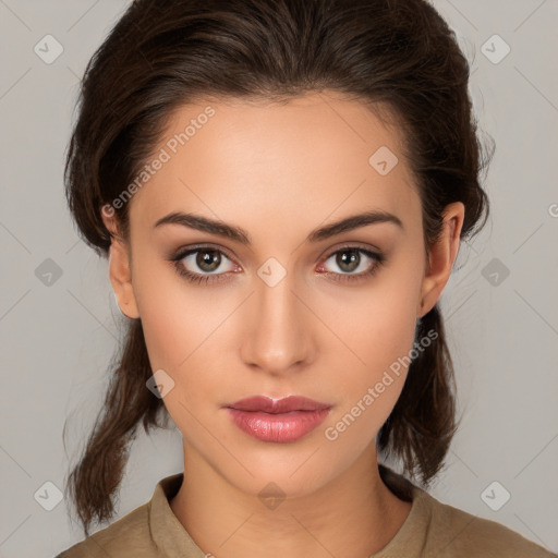 Neutral white young-adult female with medium  brown hair and brown eyes