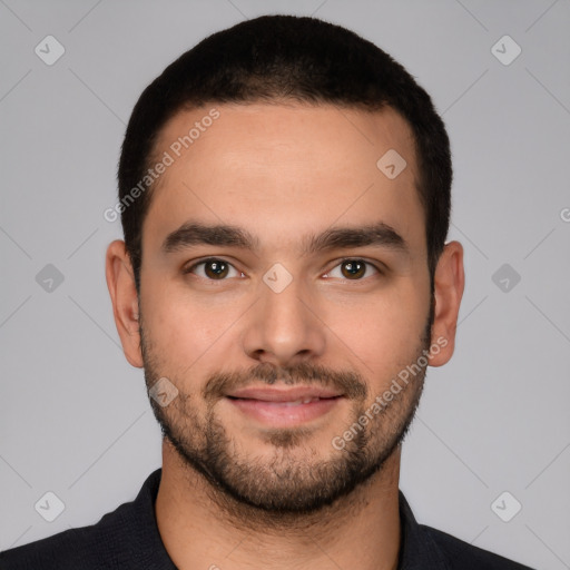 Neutral white young-adult male with short  brown hair and brown eyes