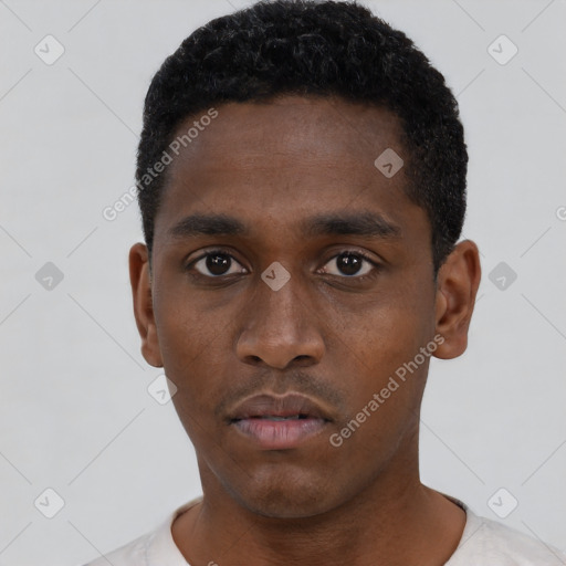 Neutral black young-adult male with short  black hair and brown eyes