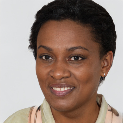 Joyful black young-adult female with short  brown hair and brown eyes