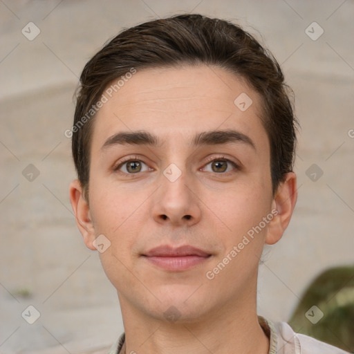 Neutral white young-adult male with short  brown hair and brown eyes