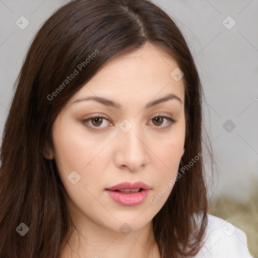 Neutral white young-adult female with long  brown hair and brown eyes