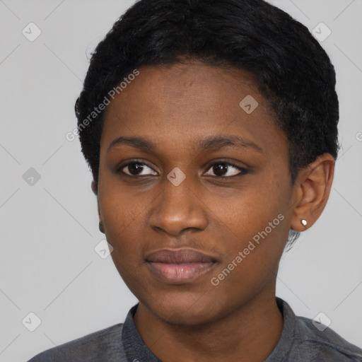 Neutral black young-adult female with short  black hair and brown eyes