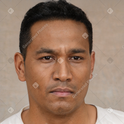 Neutral latino young-adult male with short  black hair and brown eyes
